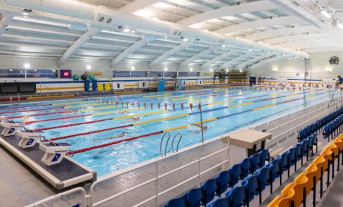 A picture of the Olympic-sized 50m swimming pool at the University of Bath, which is open to the public