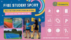 A graphic promoting the Student Sports Pass which is included in tuition fees for all University of Bath students.
