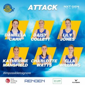 A graphic depicting the six attack players in the 2024-25 Team Bath Netball NXT Gen League squad - Daniella Carr, Daisy Collett, Lily Jones, Katherine Mansfield, Charlotte Watts and Ella Williams