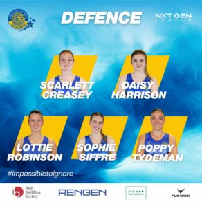 A graphic depicting the five defence players in the 2024-25 Team Bath Netball NXT Gen League squad - Scarlett Creasey, Daisy Harrison, Lottie Robinson, Sophie Siffre and Poppy Tydeman.