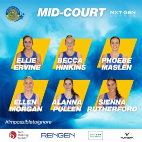 A graphic depicting the six mid-court players in the 2024-25 Team Bath Netball NXT Gen League squad - Ellie Ervine, Becca Hinkins, Phoebe Maslen, Ellen Morgan, Alanna Pullen and Sienna Rutherford