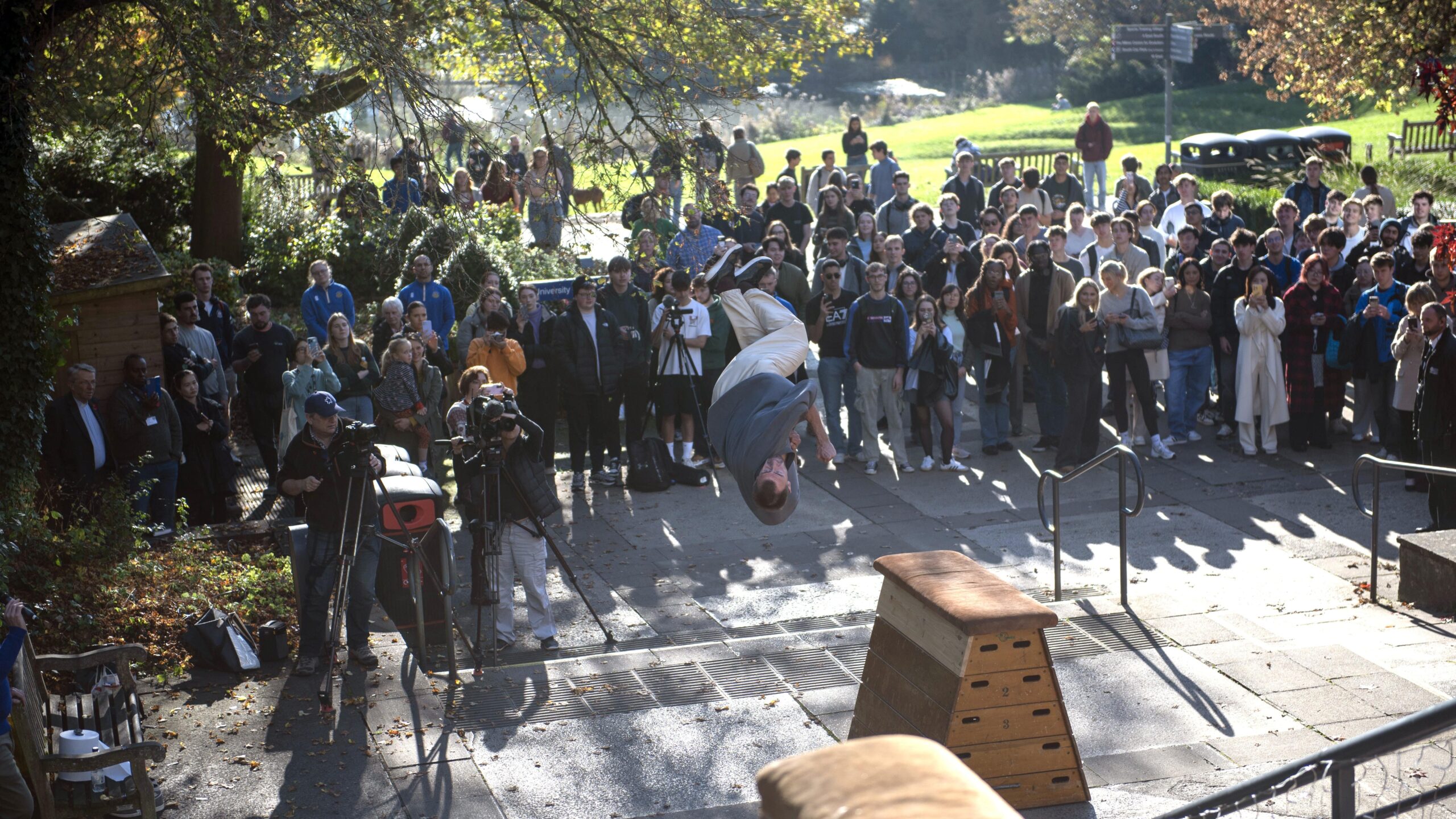 A picture of crowds enjoying a Parkour demonstration at the University of Bath from Ukraine's Bohdan Kolmakov