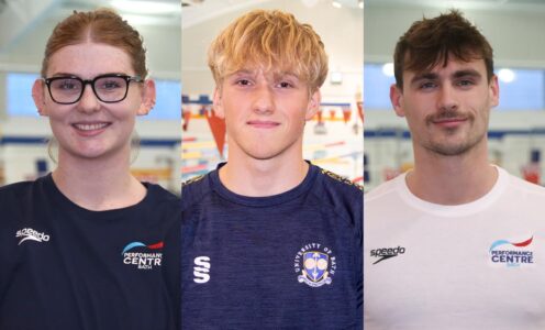 A montage image of Aquatics GB swimmers (from left) Freya Anderson, Joshua Gammon and Jacob Peters at their University of Bath training base.
