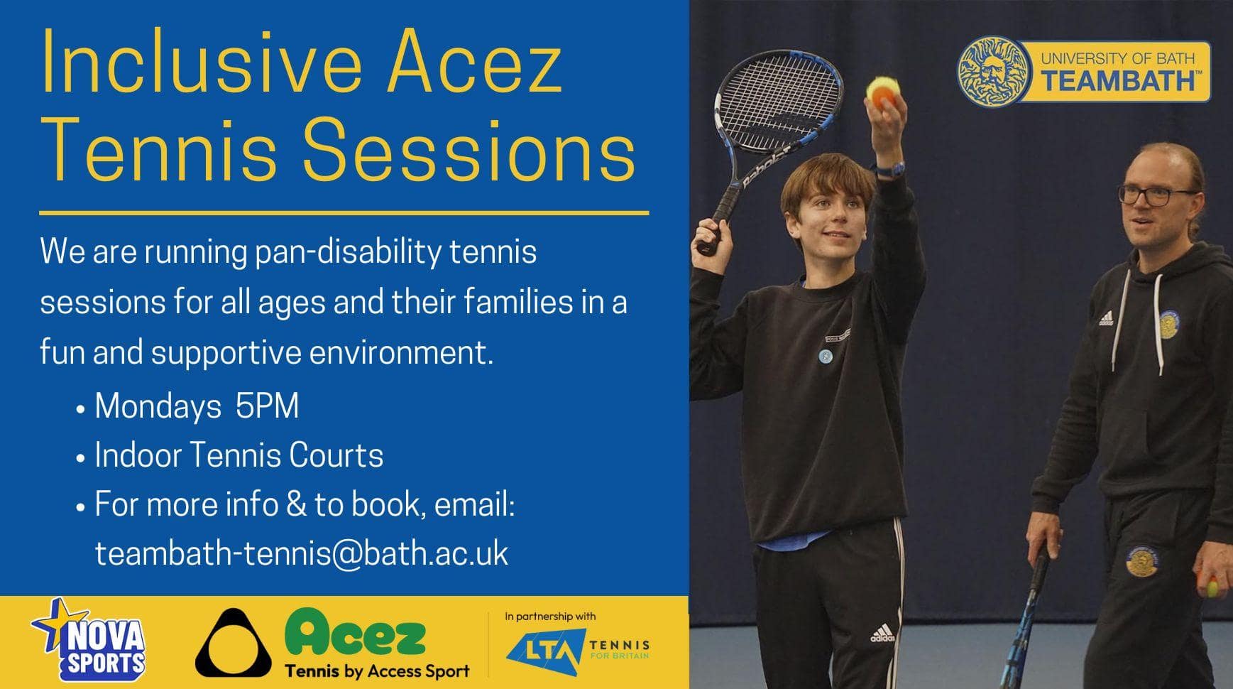 A graphic promoting Inclusive Tennis Sessions which take place on Mondays at Team Bath