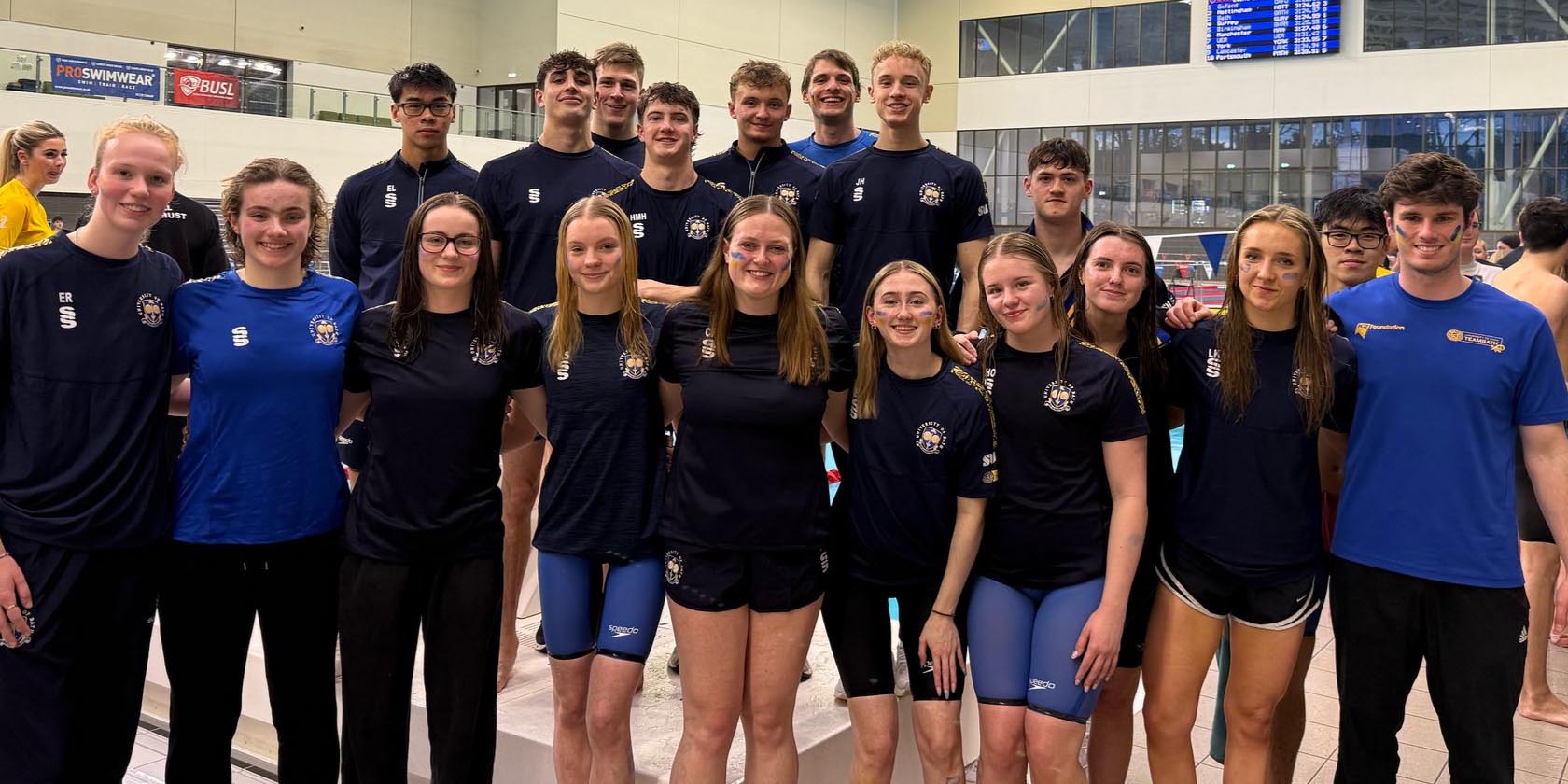 A team picture of University of Bath student swimmers following their victory in the 2025 British Universities Swimming League championship