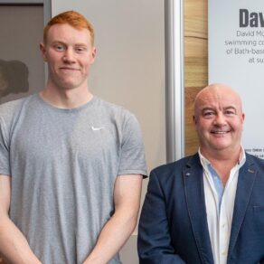 A photo of triple Olympic champion Tom Dean (left) and Aquatics GB Bath Performance Centre swimming coach David McNulty at their Team Bath Sports Training Village training base. 