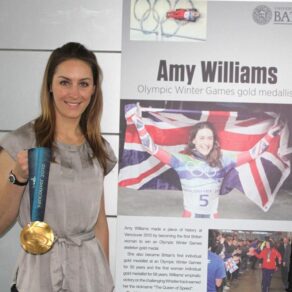 A photo of Olympic skeleton gold-medallist Amy Williams at her induction into the University of Bath Hall of Fame for Sport