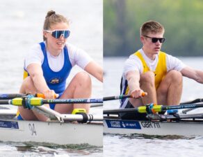 A composite photo of University of Bath rowers Rebekah Court (left) and Joshua Knight in their respective boats, racing on the water during the 2025 GB Rowing Team Trials. 