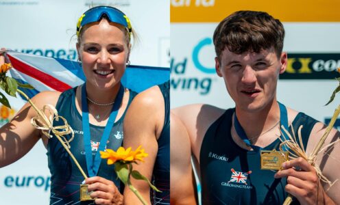 A composite picture of rowers Becky Wilde (left) and Cedol Dafydd on podiums at the 2025 European Championships, wearing gold medals. Becky is also holding a Union Flag behind her back.
