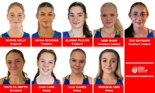 A graphic featuring headshots of nine Team Bath and University of Bath netballers who have been selected to compete at the 2025 Netball World Youth Cup. The text below the images reads (clockwise from top left) "Sophie Kelly, England. Jayda Pechova, England. Alanna Pullen, England. Immi Shaw, Northern Ireland. Zoe Maynard, Northern Ireland. Madison Sims, Wales. Lilia Davies, Wales. Dani Carr, Wales. Matilda Smyth, Scotland."