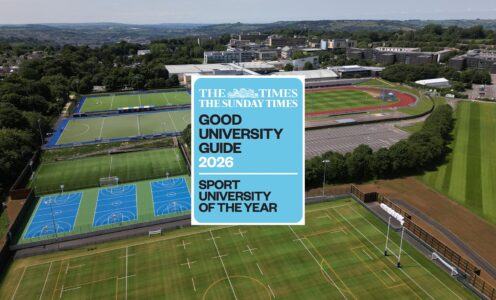 An aerial shot of the Team Bath Sports Training Village and outdoor pitches with a 'Sport University of the Year 2026' logo over it.