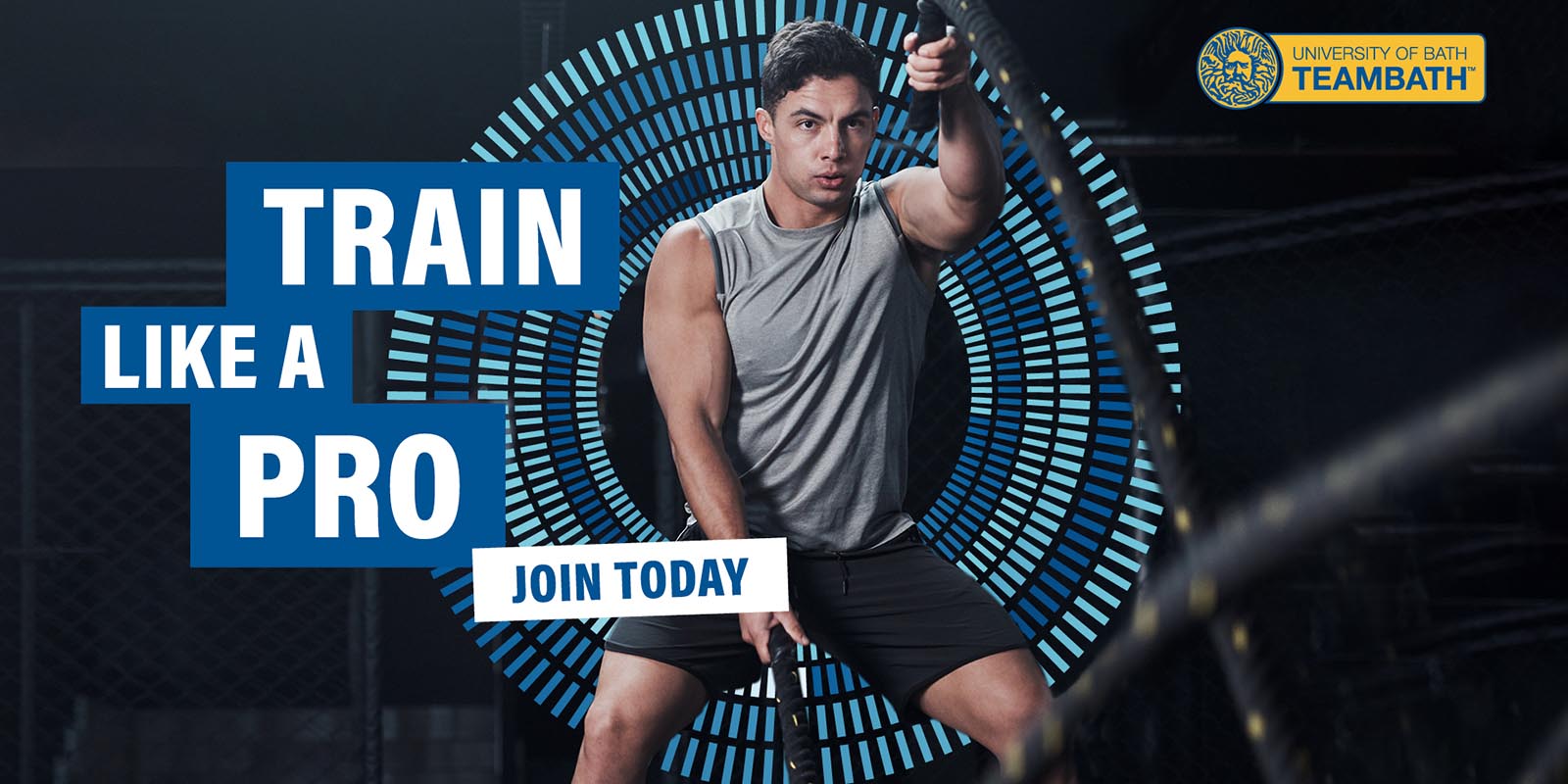 A man in fitness attire trains with battle ropes in a graphic promoting Team Bath Gym memberships. The text reads: "Train like a pro. Join today",