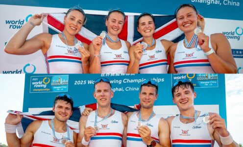 A montage of the Great Britain Rowing Team women's and men's quads (top and bottom respectively) wearing and holding the silver medals they won at the 2025 World Rowing Championships in Shanghai. The pictures were taken by Benedict Tuffnell for British Rowing.