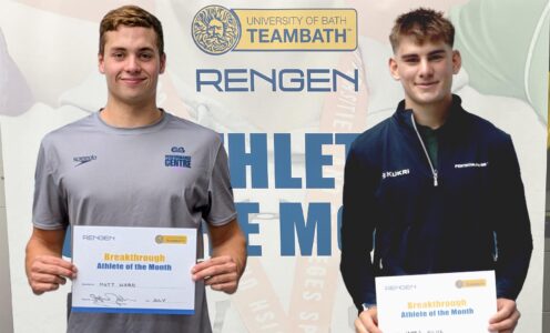 A composite image of two athletes, Matthew Ward and James Hulme, holding Athlete of the Month certificates in front of a backdrop featuring the Team Bath and Rengen logos.