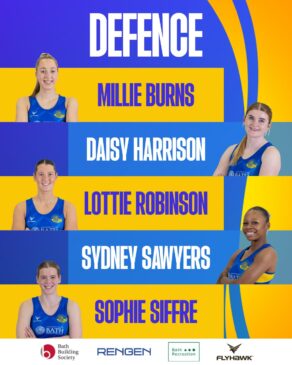 A graphic showing featuring head shots of the five players who will play in defence for Team Bath Netball during the 2026 NXT Gen League season. The text reads: "Defence. Millie Burns. Daisy Harrison. Lottie Robinson. Sydney Sawyers. Sophie Siffre."