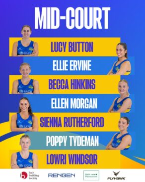 A graphic showing featuring head shots of the seven players who will play in mid-court for Team Bath Netball during the 2026 NXT Gen League season. The text reads: "Mid-court. Lucy Button. Ellie Ervine. Becca Hinkins. Ellen Morgan. Sienna Rutherford. Poppy Tydeman. Lowri Windsor."