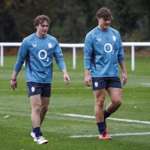 University of Bath Rugby Club duo Freddy Rossigneux and Jamie Howick wearing England Rugby training kit during a training session.