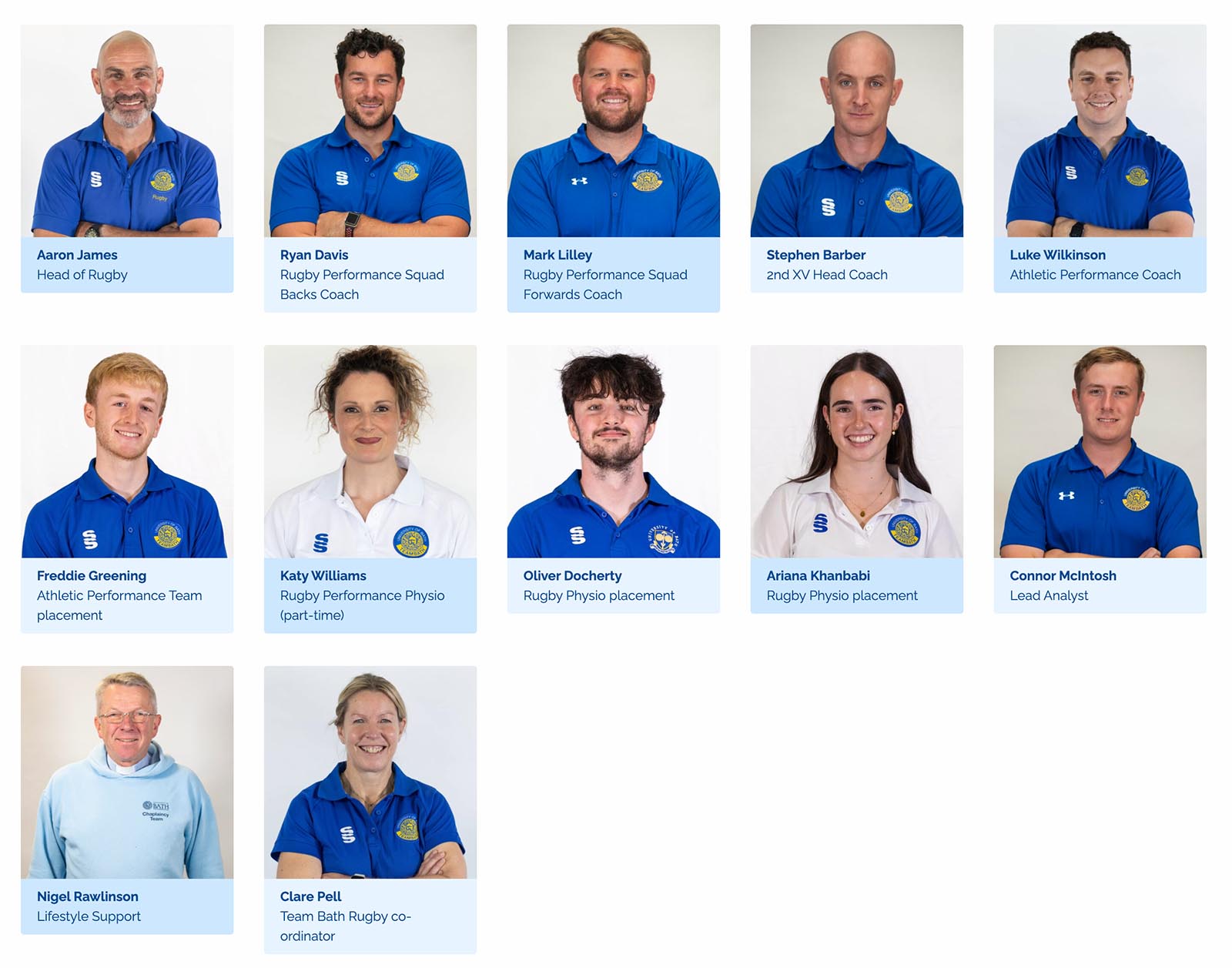Headshots of the 2025-26 University of Bath student rugby coaches and support staff, with their names and titles underneath