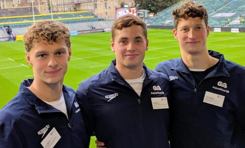 Sporting scholars and Aquatics GB swimmers Jack Skerry, Matthew Ward and Cam Brooker at The Recreation Ground, home of Bath Rugby