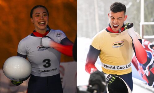 A composite image of British Skeleton's Tabby Stoecker (left) and Matt Weston (right), both wearing race suits and holding their crash helmets, celebrating after winning medals at the 2025 IBSF World Cup in Lillehammer.