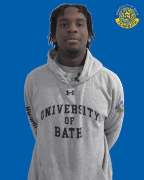 A cut-out image of University of Bath 2025-26 sporting scholar Diamond Ayiehfor on a blue background with a Team Bath logo in the top right corner.
