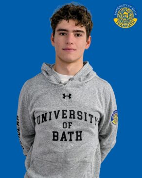 A cut-out image of University of Bath 2025-26 sporting scholar Matthew Rayner on a blue background with a Team Bath logo in the top right corner.