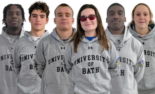 A montage featuring cutouts of the six University of Bath sporting scholars for 2025-26 - (from left) Diamond Ayiehfor, Matthew Rayner, George Riley, Maria Slade, Tate Williams and Cara Zeidler.
