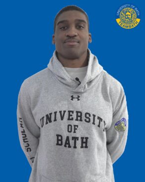 A cut-out image of University of Bath 2025-26 sporting scholar Tate Williams on a blue background with a Team Bath logo in the top right corner.