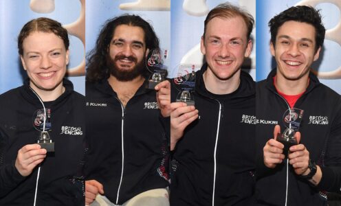 A montage of (from left) British Fencing's Gemma Collis, Dimitri Coutya, Piers Gilliver and Oliver Lam-Watson with their Pisa World Cup 2026 medals