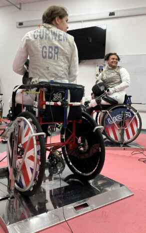 Wheelchair fencers from British Fencing and Team USA face sparring against each other during a training camp at the University of Bath. 