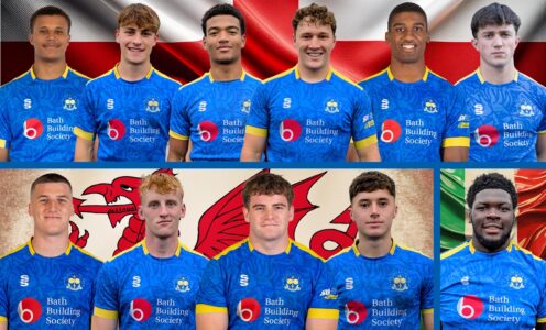 A montage of University of Bath students who have been selected for the 2026 Six Nations Under 20 Championships. Pictured are (from top left) Aiden Ainsworth-Cave, James Linegar, Tyler Offiah, Connor Treacey, Tate Williams, Sam Winters (with an England flag behind them); Enoch Opoku-Gyamfi (with an Italy flag behind him); Jack Woods, Oscar Thomas, Alex Ridgway and Luc Anfield (with a Wales flag behind them).