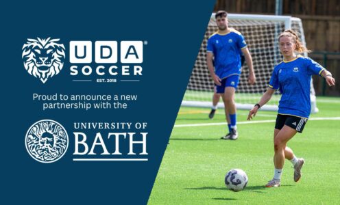 A graphic promoting the new UDA Soccer football academy partnership with the University of Bath