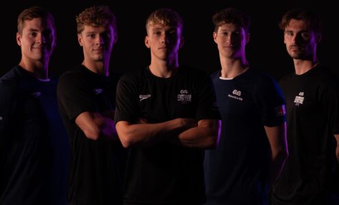 A montage image of Bath Performance Centre swimmers (from left) Matthew Ward, Jack Skerry, Joshua Gammon, Cam Brooker and Jacob Peters. They are wearing black, in soft lighting, against a black background.