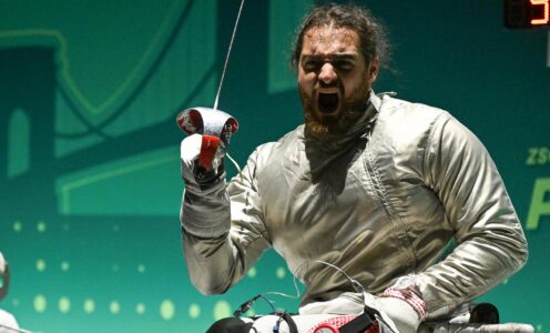 British Para Fencer Dimitri Coutya roars with delight after winning World Cup gold in Budapest