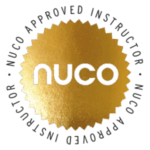 A logo with the word 'nuco' in white text on a gold background. Around it are the words "NUCO APPROVED INSTRUCTOR"