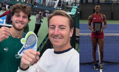 A composite image of (left) Team Bath Tennis player Toby Samuel, holding a trophy, and coach Tiarnan Brady posing for a celebratory selfie; and, right, Team Bath Tennis player Esther Adeshina standing on a blue court, in front of the net, while holding a trophy with both hands.