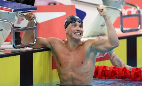 Josh Gammon raises his fist in delight after winning the 50m butterfly title at the 2026 Aquatics GB British Championships.