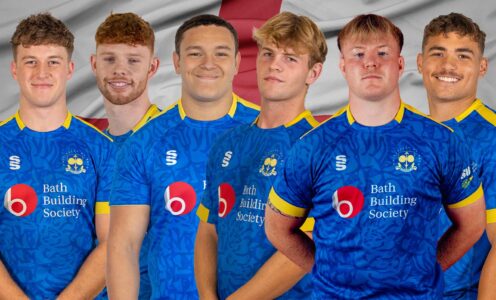 A montage graphic of University of Bath rugby players (from left) Iwan Coyle, Austin Emens, Alfie Griffin, Isaac Mears, Max Pearce and Will Roue against an England flag background.