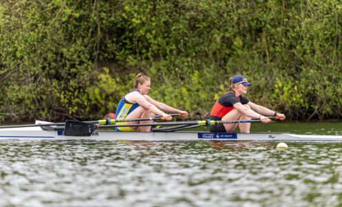 Rebekah Court and Ellie Dash rowing in the women's double sculls final at the 2026 GB Rowing Team Trials.