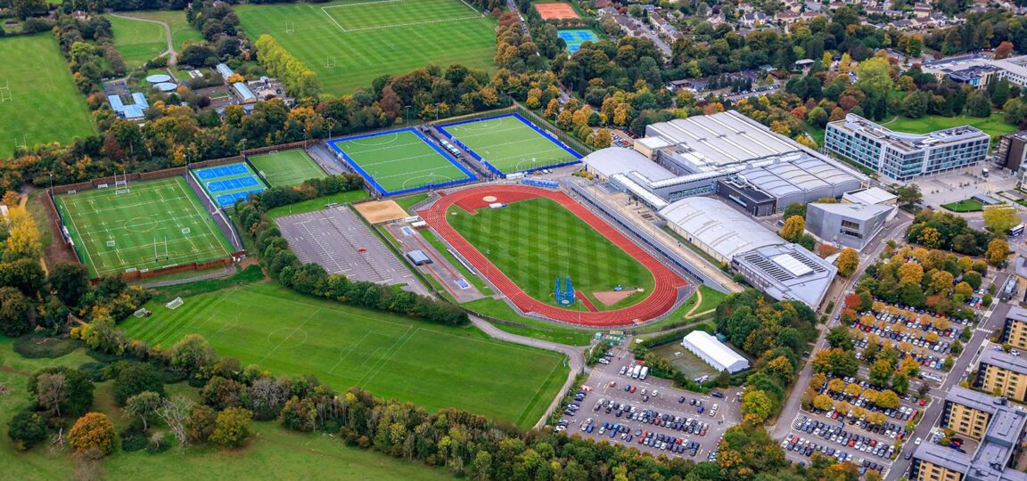 An aerial view of the Team Bath Sports Training Village plus adjacent athletics track and pitches