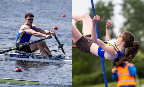 A composite image of (left) University of Bath rower Tom Osmond in a single scull boat on the water, and (right) Bath high jumper Evelyne Fonteyne clearing the bar.