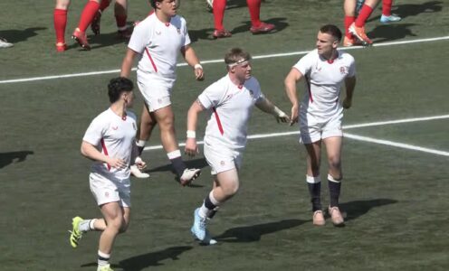 Max Pearce is congratulated after scoring a try for England Students against France in Le Crunch 2026