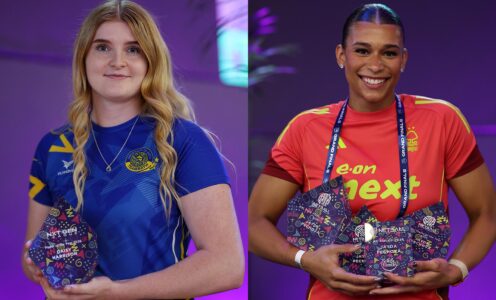 A montage picture of (left) Daisy Harrison, wearing a Team Bath Netball training top, holding the NXT Gen League Player of the Season trophy for 2026; and (right) Jayda Pechova, wearing a Nottingham Forest training top, holding three Netball Super League Player of the Year awards.