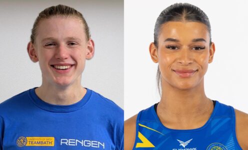 A montage image featuring portrait pictures of Justin Davies (left) and Jayda Pechova (right), who are both sporting scholars at the University of Bath