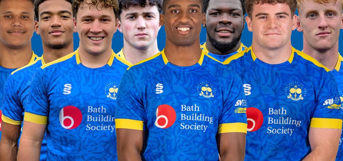 A photo montage featuring profile pictures of University of Bath Rugby Club players (from left) Aiden Ainsworth-Cave, Tyler Offiah, Connor Treacey, Sam Winters, Tate Williams, Enoch Opoku-Gyamfi, Oscar Thomas and Alex Ridgway.