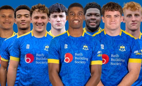 A photo montage featuring profile pictures of University of Bath Rugby Club players (from left) Aiden Ainsworth-Cave, Tyler Offiah, Connor Treacey, Sam Winters, Tate Williams, Enoch Opoku-Gyamfi, Oscar Thomas and Alex Ridgway.