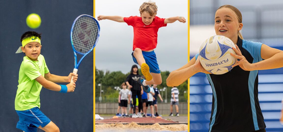 A youth sport photo montage featuring, from left, a boy lining up a tennis shot, a boy leaping into a sand pit and a girl throwing a netball.
