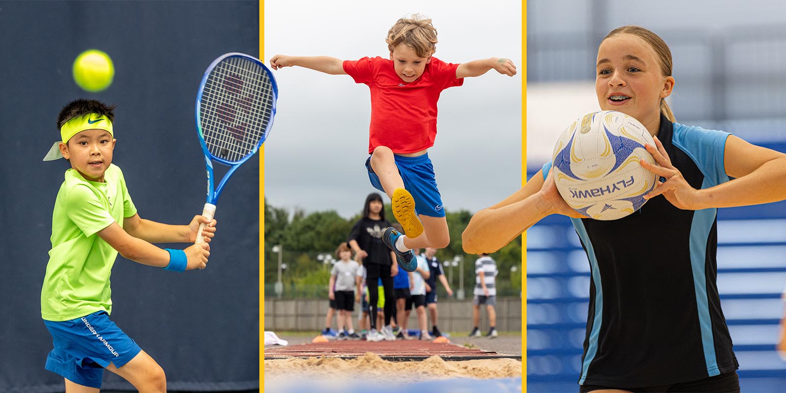 A youth sport photo montage featuring, from left, a boy lining up a tennis shot, a boy leaping into a sand pit and a girl throwing a netball.