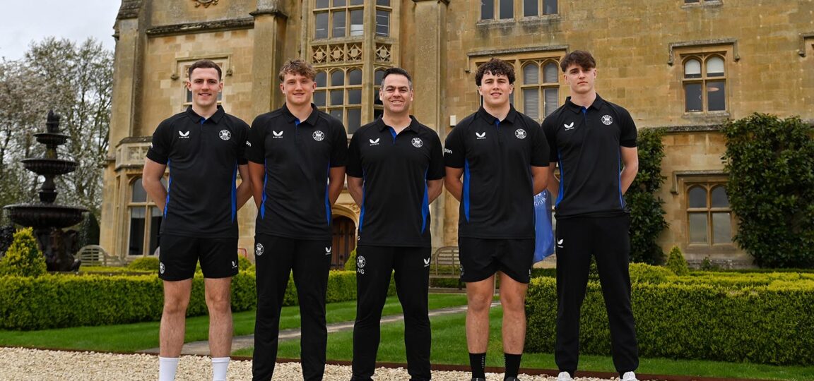 (From left) Bailey Cutts, Max Hooper, Johann van Graan, Declan Treacey and Alex Yeabsley outside Farleigh House.
