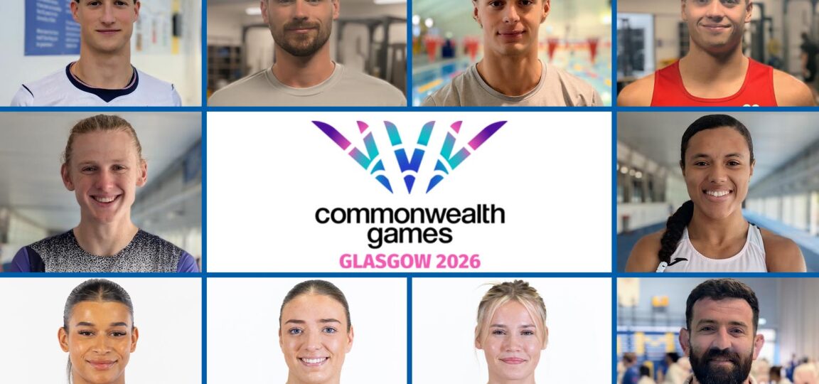A montage of headshots of University of Bath-based athletes competing at the Glasgow 2026 Commonwealth Games, with the competition logo in the centre of the image.